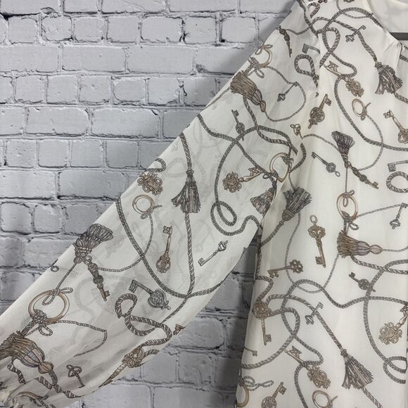 White House Black Market Cream Chain Print Long Sleeve Chiffon Blouse Women's L - Picture 6 of 13